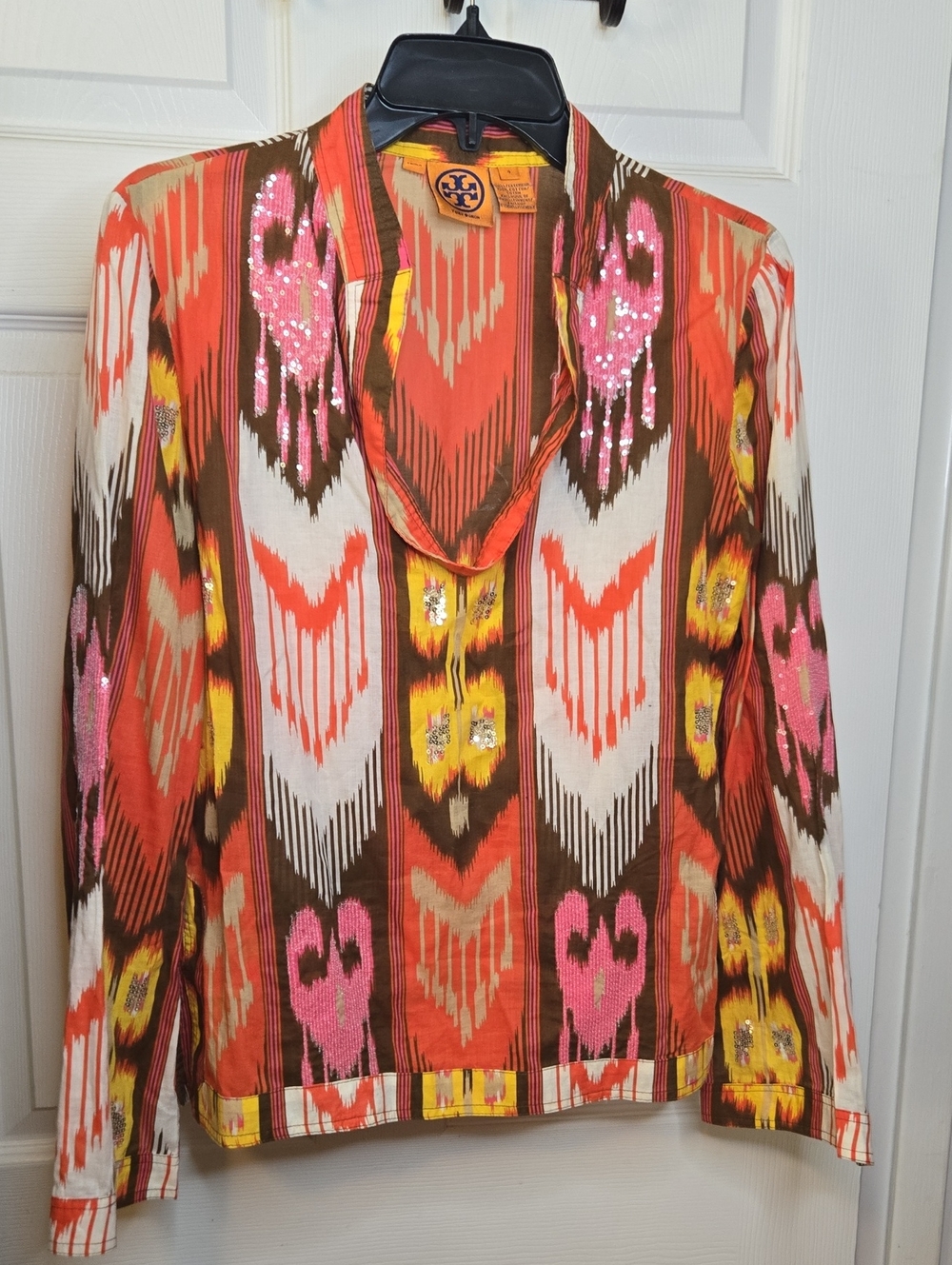 Tory Burch Coral, Pink & Yellow Ikat-Print V-Neck Long Sleeve Top
